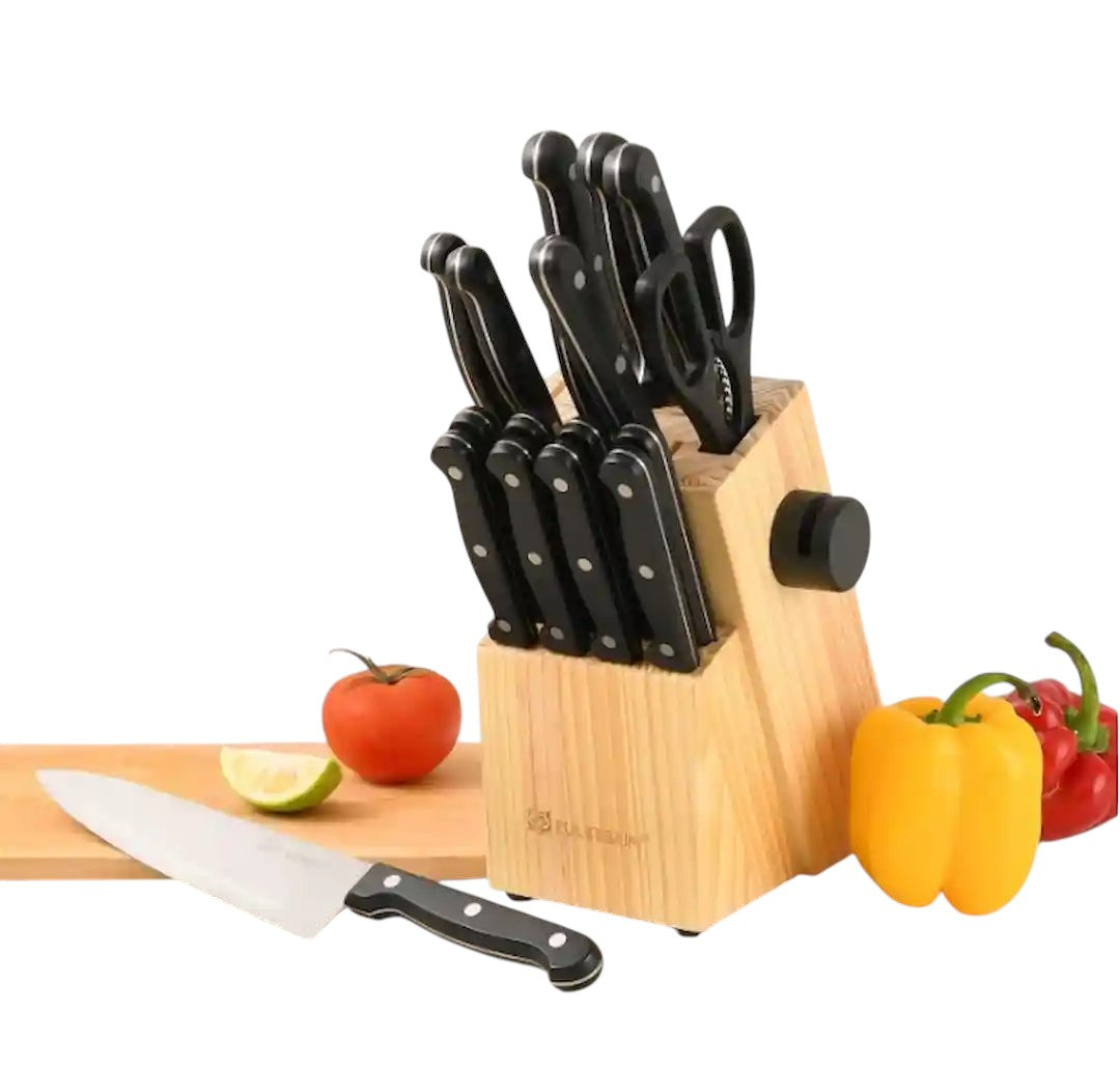 Premium kitchen knife block set with steak knives and sharpener