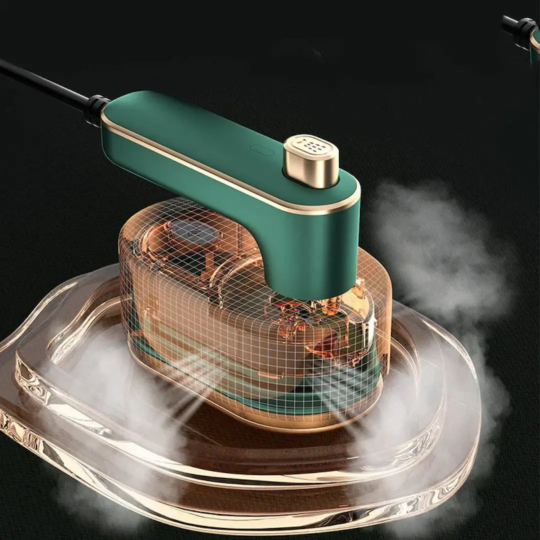 Close-up of Simplix handheld steamer nozzle and water tank