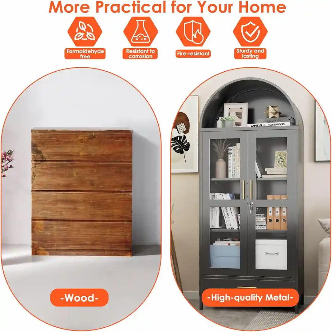 Metal display cabinet with glass doors in kitchen interior