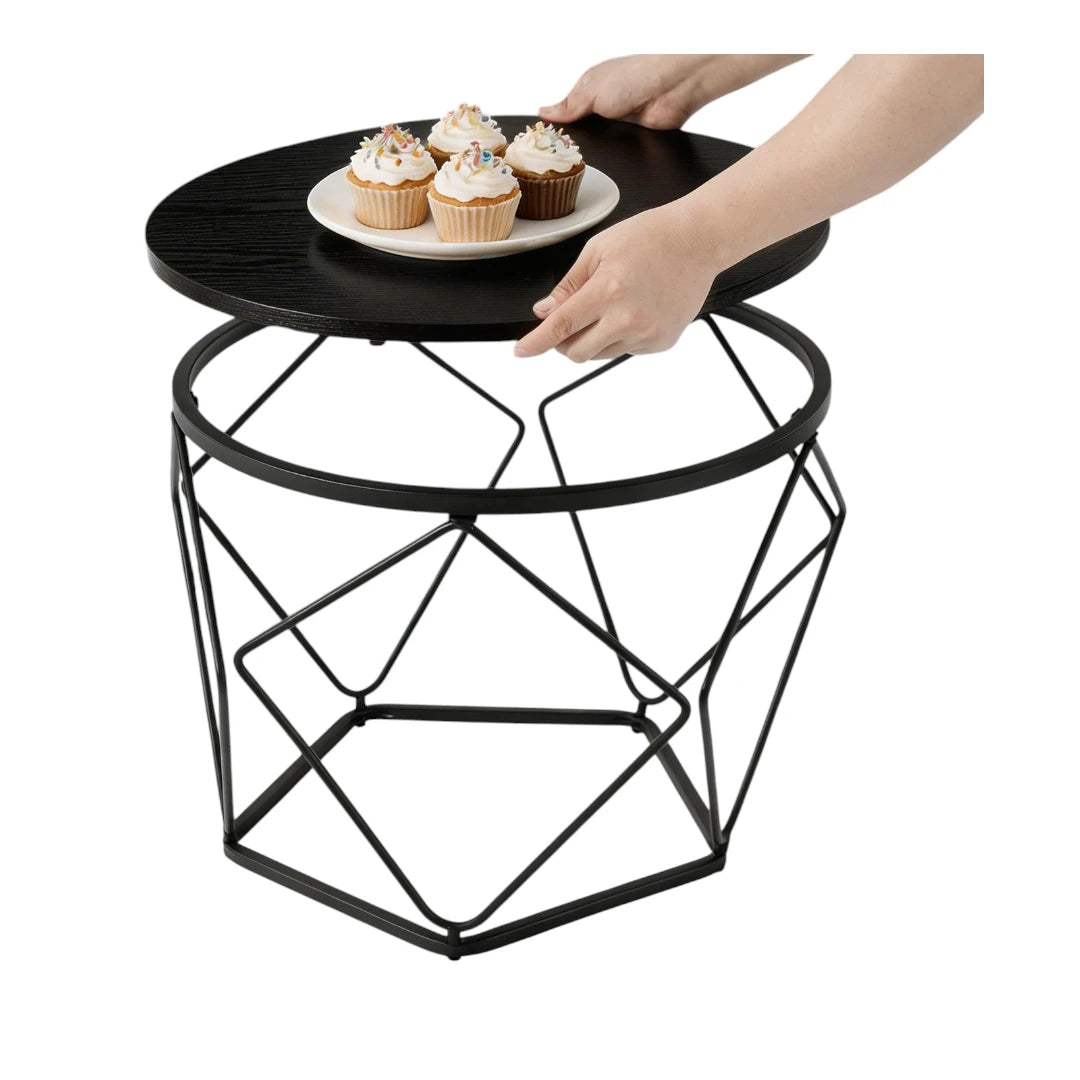 Black geometric nesting coffee table set featuring modern round tabletops and concealed storage.