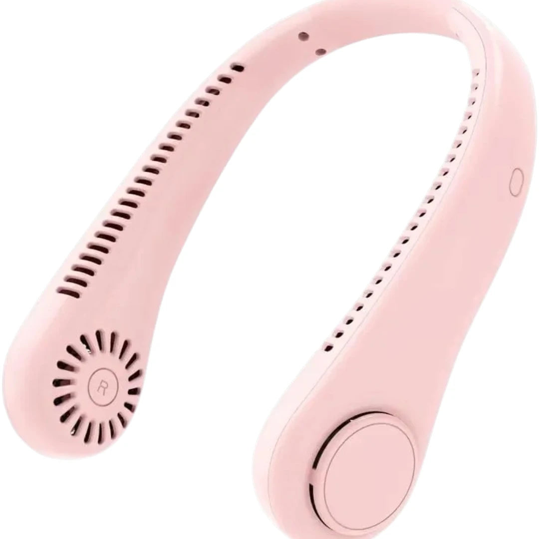 5-speed rechargeable neck fan with long-lasting battery and 360-degree cooling airflow around the neck and face.
