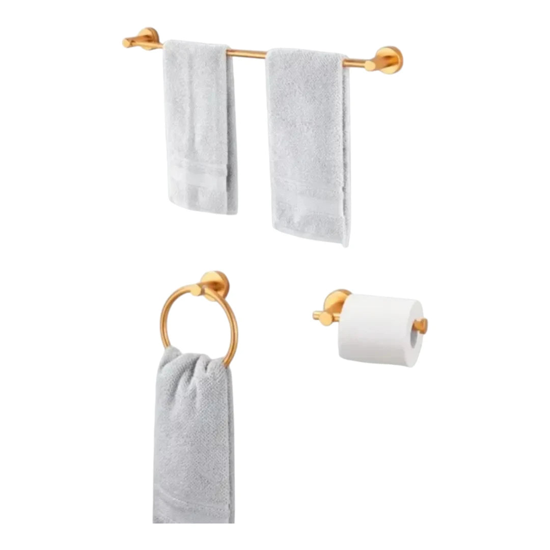 TURS Brushed Gold 3-Piece Bathroom Hardware Set – Stainless Steel Towel Ring, TP Holder & Hook, Wall Mounted Modern Finish