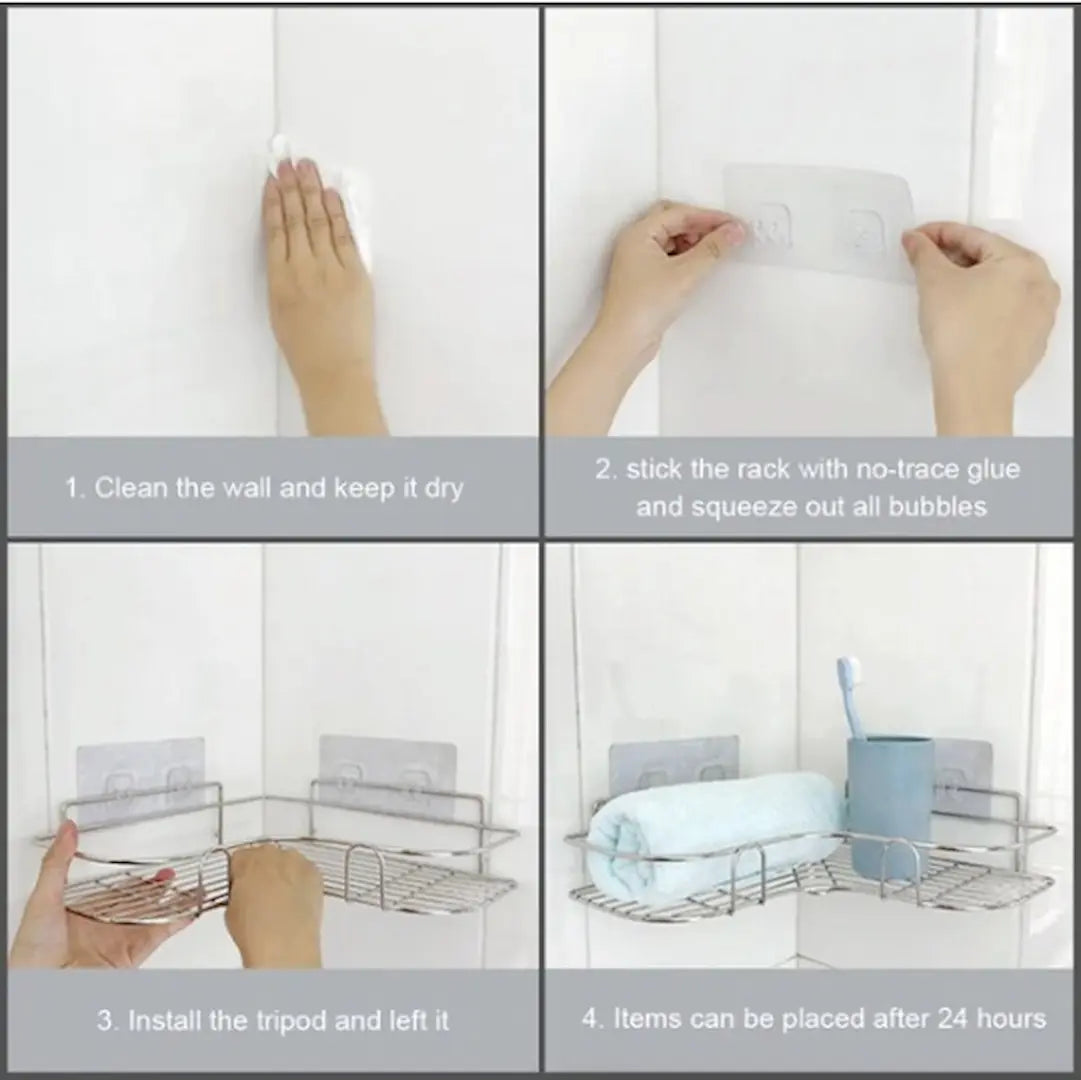 Drill-free adhesive installation detail of Simplix shower caddy