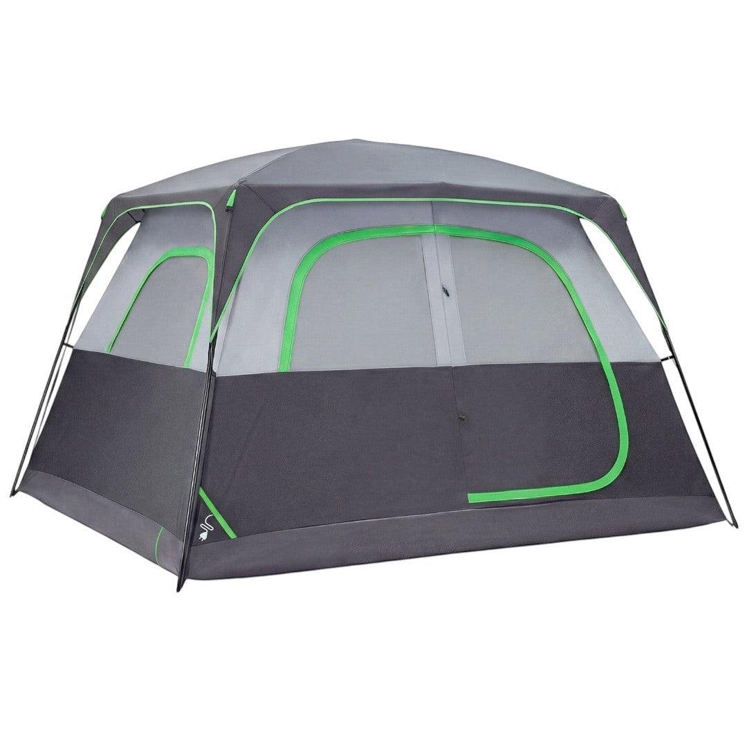 Simplix 6-person dark grey and light grey waterproof camping tent with green trim and mesh windows.