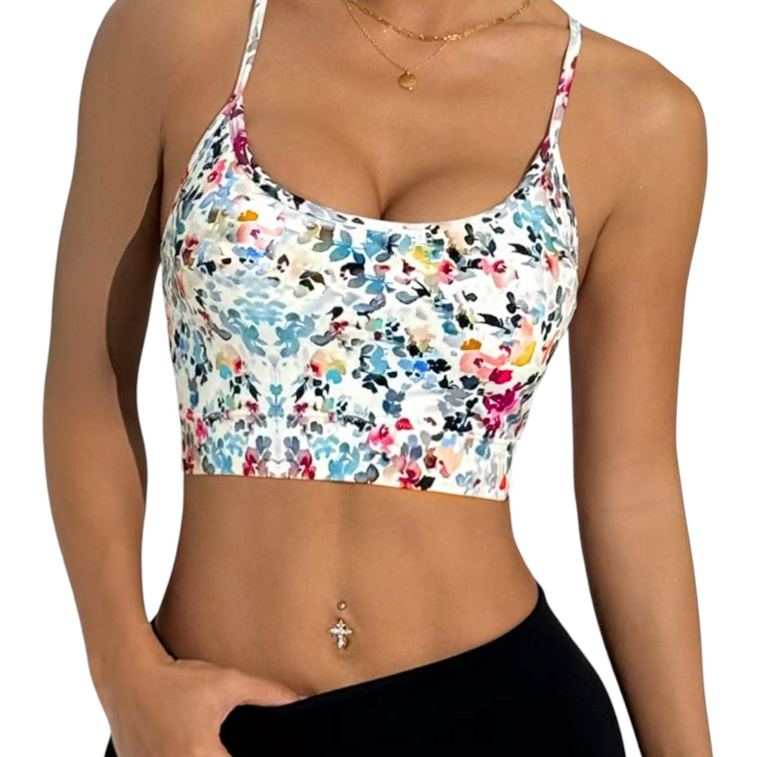 Simplix women's white floral print sports bra with thin cross straps, perfect for summer workouts and daily wear.
