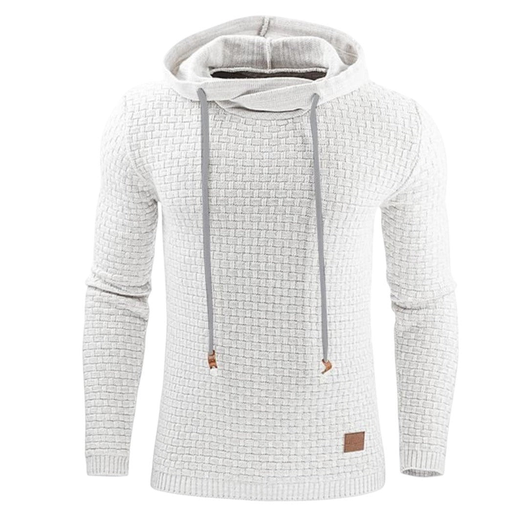 Simplix men's white textured knit cotton blend pullover hoodie with grey drawstrings and a cowl neck.