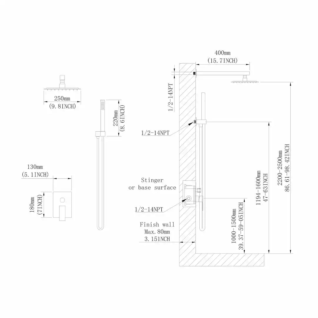 Simplix 10” Rainfall Shower System with Hand Shower Wall Mounted 1