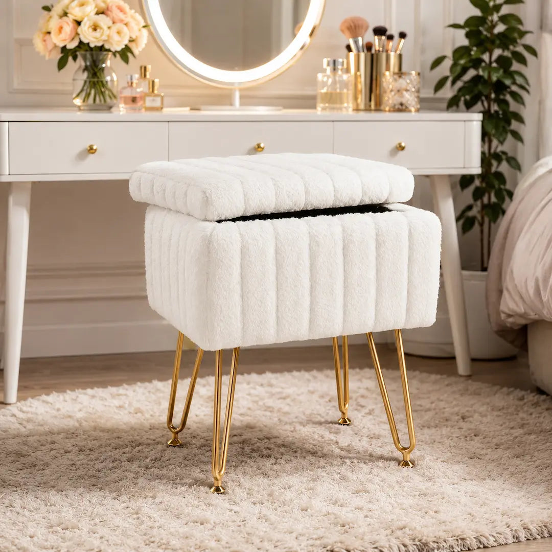 Faux Fur Vanity Stool with Hidden Storage – 10L Capacity | Simplix™