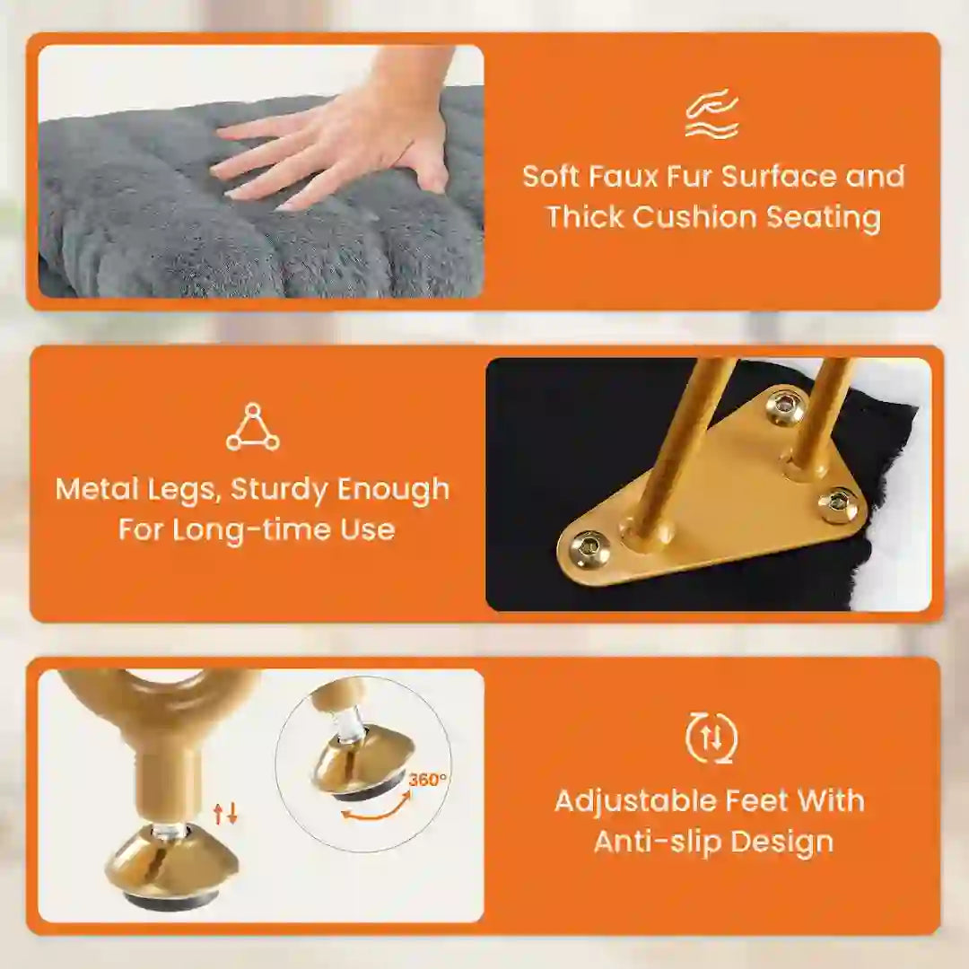 Close-up of soft faux fur upholstery and gold metal legs