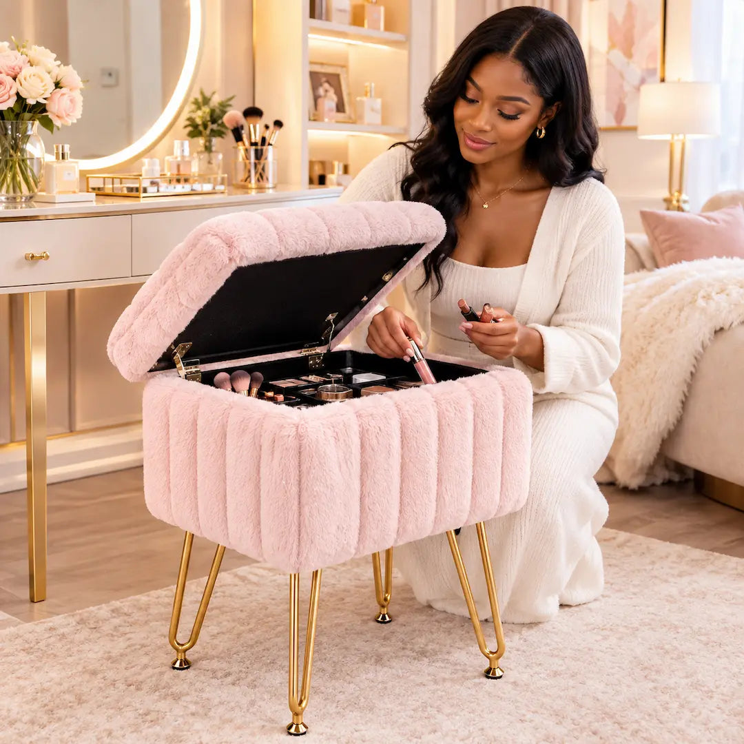 Faux Fur Vanity Stool with Hidden Storage – 10L Capacity | Simplix™
