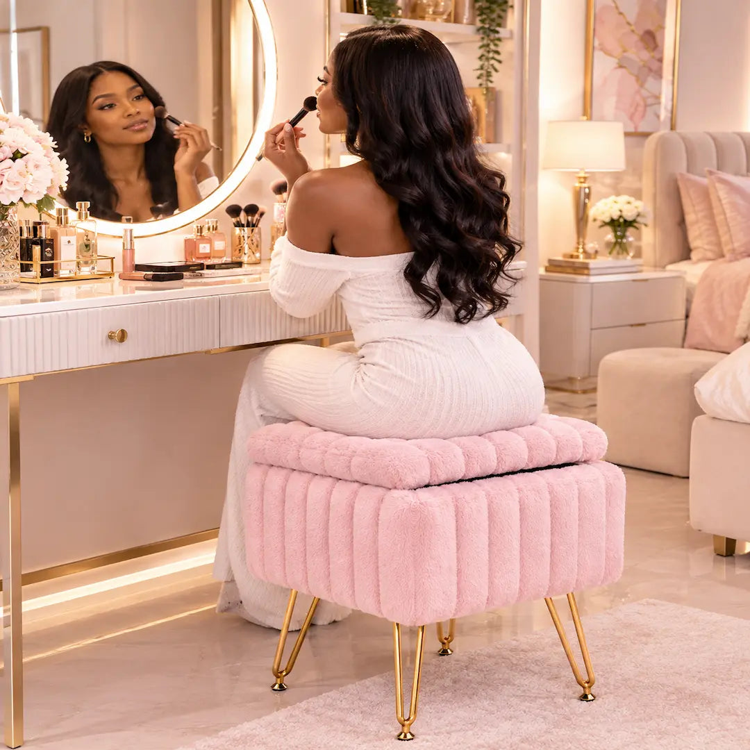 Faux Fur Vanity Stool with Hidden Storage – 10L Capacity | Simplix™