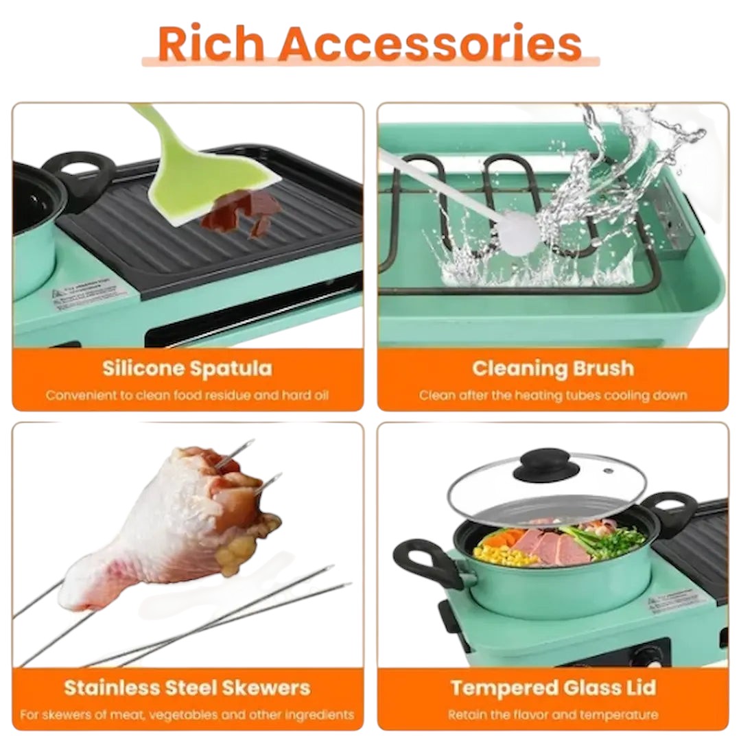 Cooking meat and vegetables on Simplix smokeless electric grill and hot pot combo