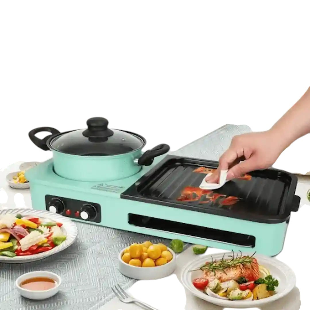 Top view of Simplix dual-zone electric grill and hot pot combo for Korean BBQ