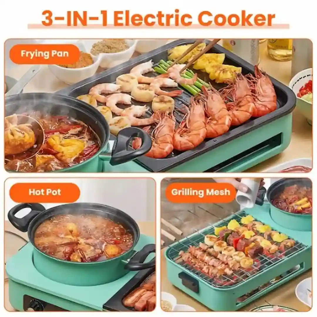 Dual-zone cooking on Simplix electric grill and hot pot – perfect for BBQ and soup