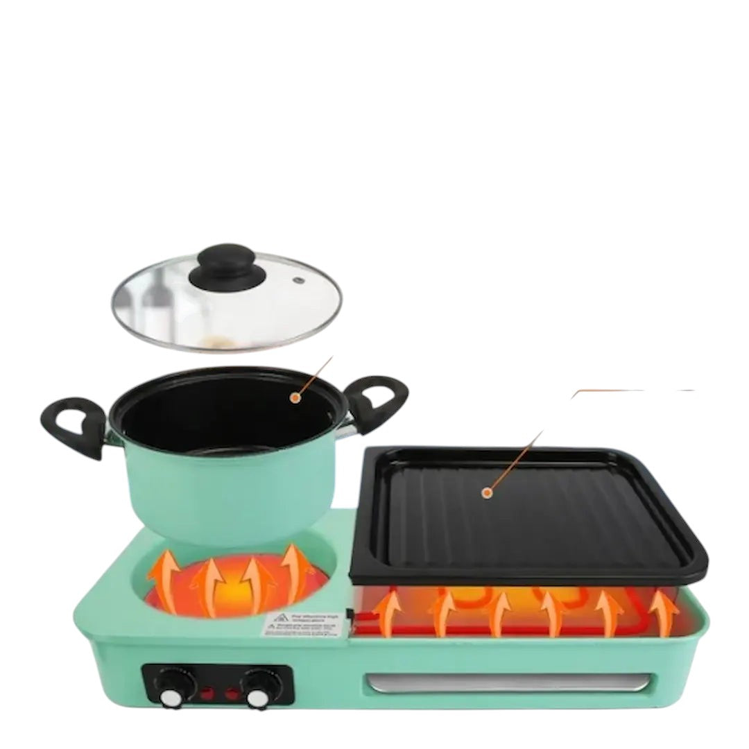 Close-up of temperature control knob and non-stick grill surface of Simplix combo