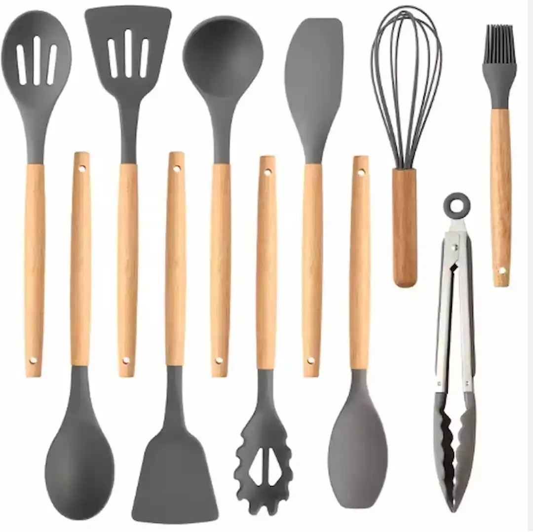 12-piece silicone kitchen utensil set with wooden handles, gray