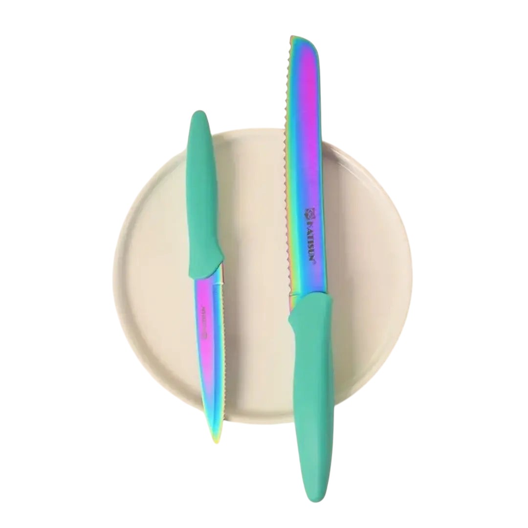 Knives in wooden block on kitchen countertop