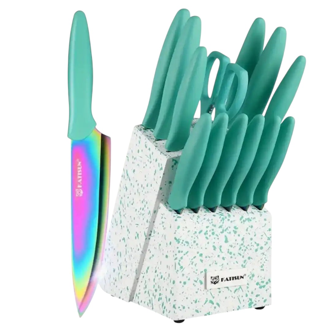 14-piece rainbow kitchen knife set with wooden stand