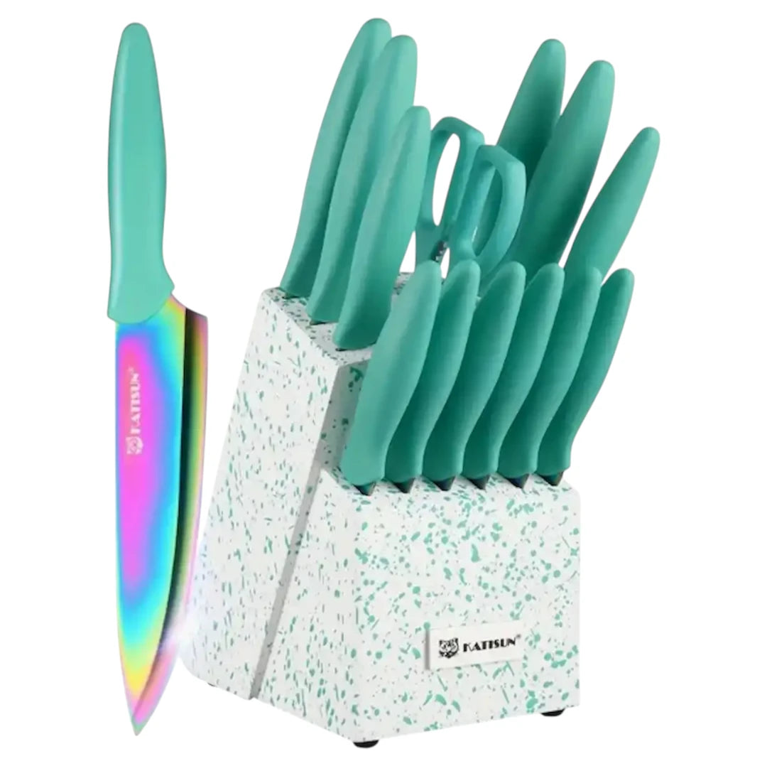 14-piece rainbow kitchen knife set with wooden stand