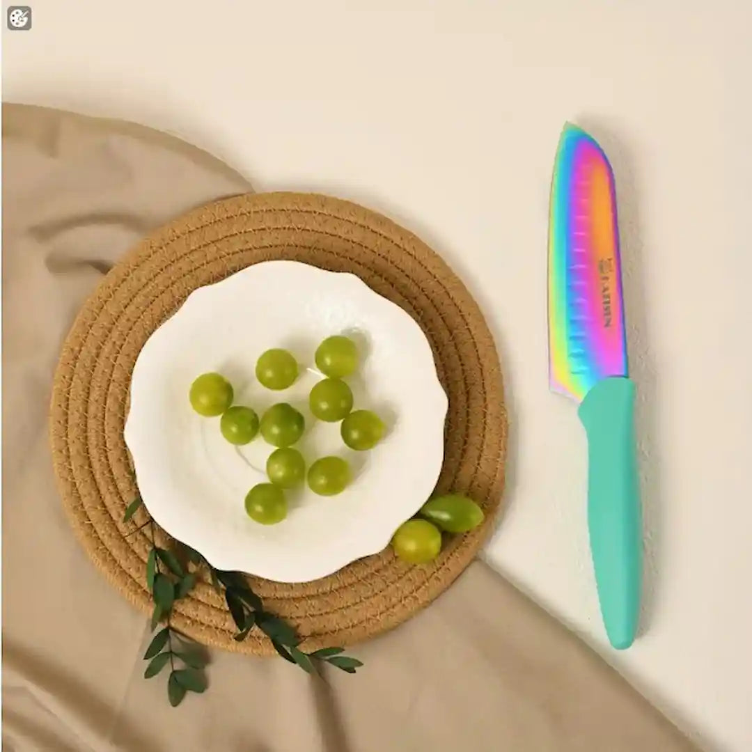 Complete rainbow kitchen knife set with kitchen scissors