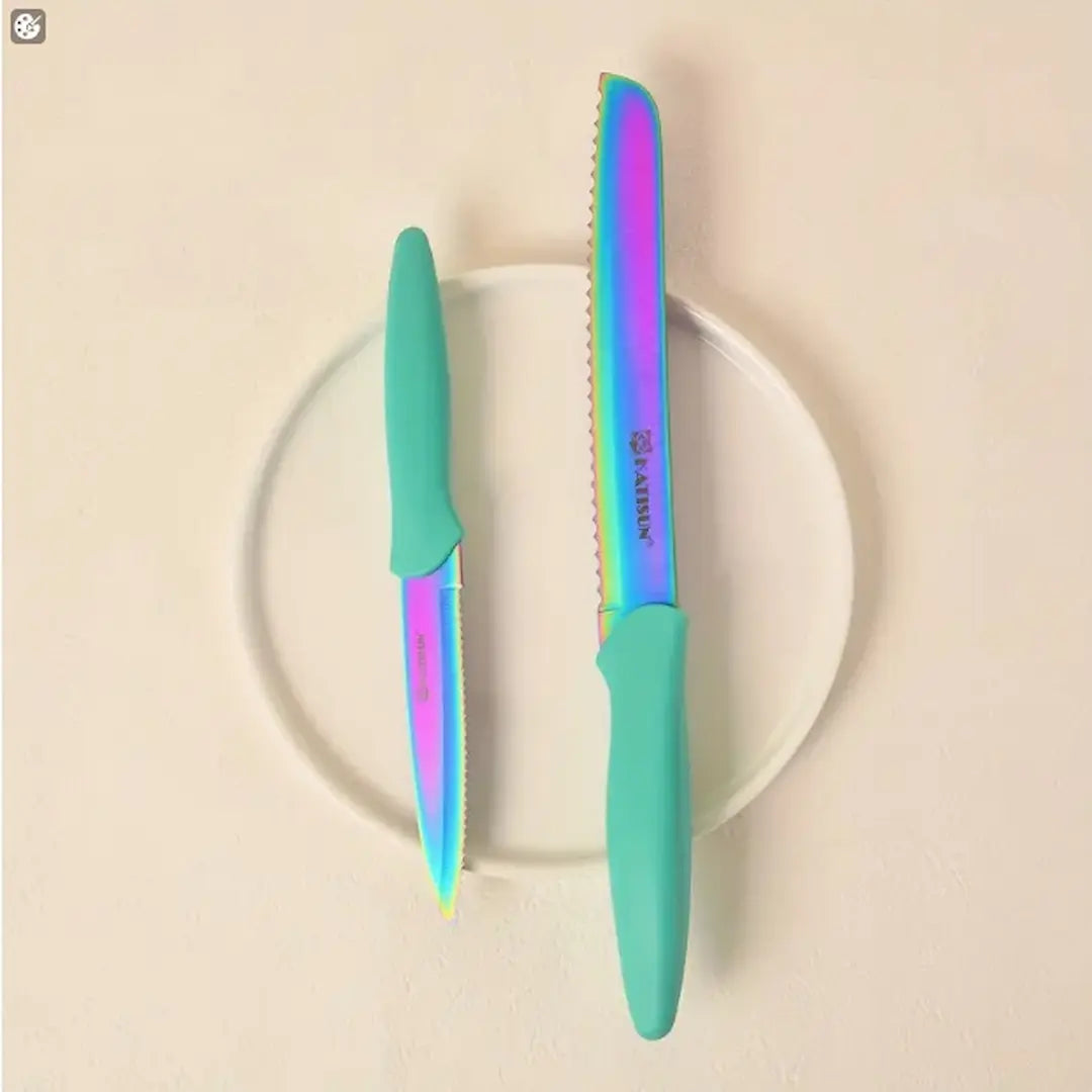 Knives in wooden block on kitchen countertop