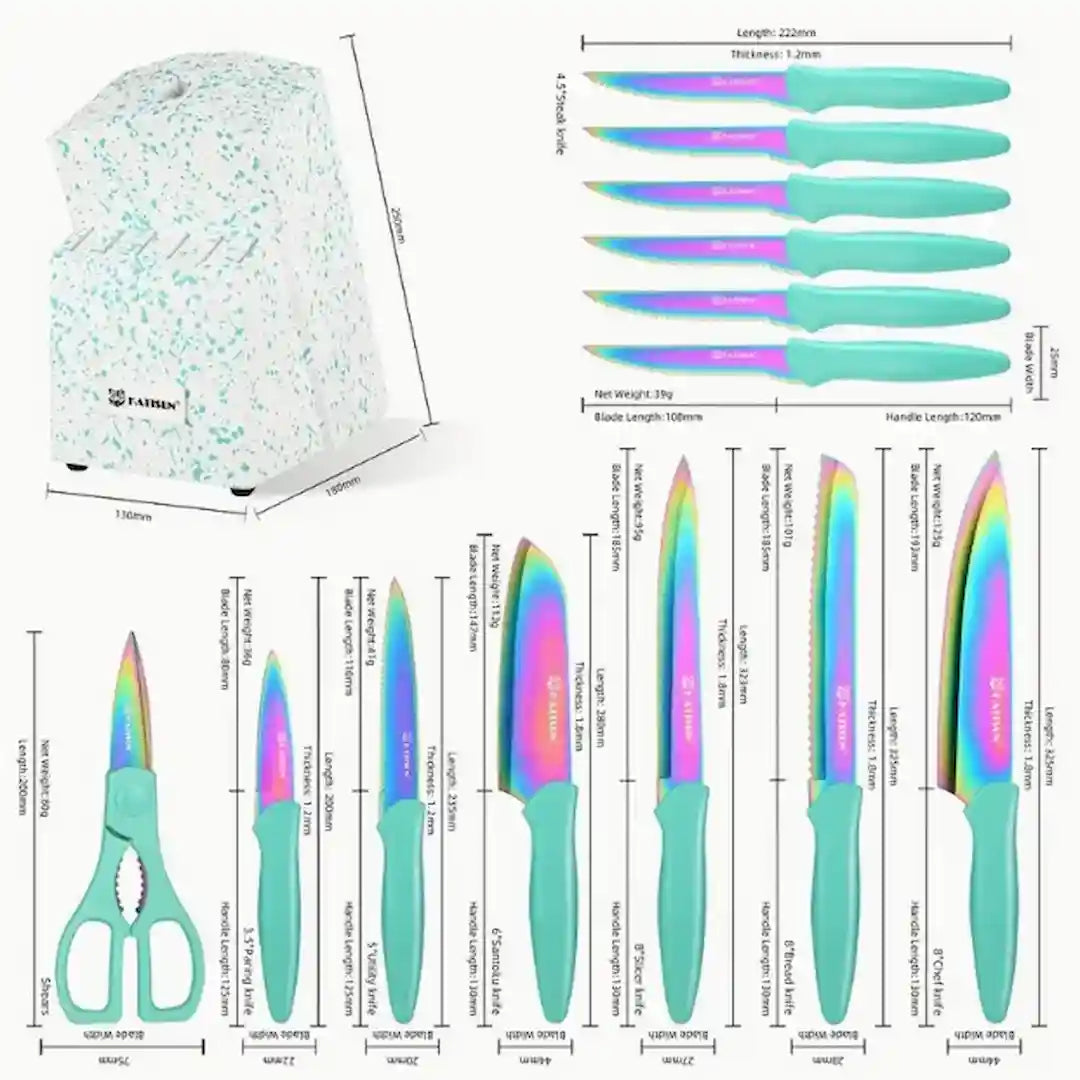 14-piece rainbow kitchen knife set with wooden stand 1