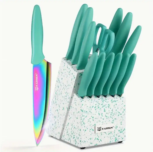 14-Piece Rainbow High Carbon Stainless Steel Kitchen Knife Set with Wooden Stand