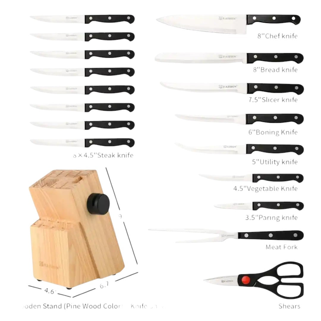 Complete 19-piece chef knife collection with ergonomic handles