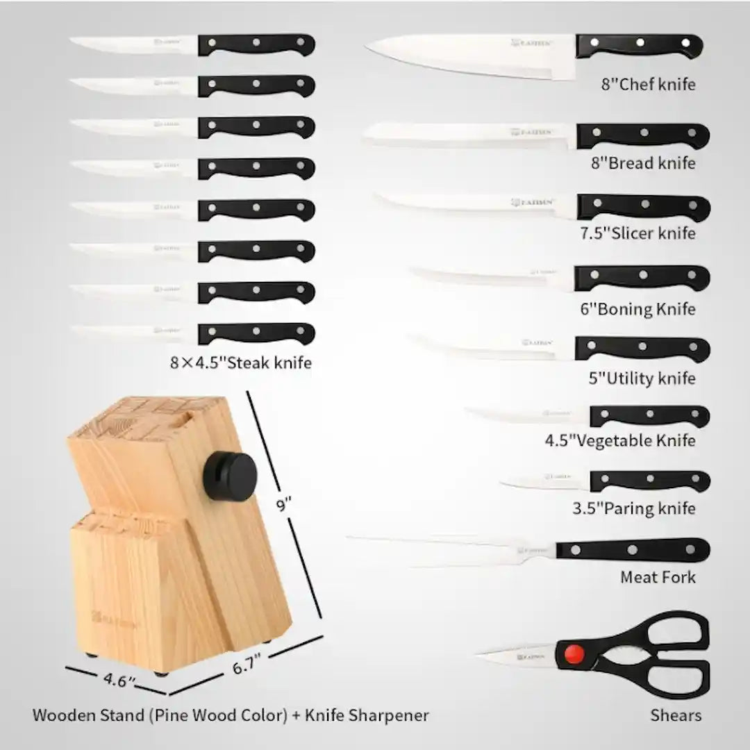 Complete 19-piece chef knife collection with ergonomic handles