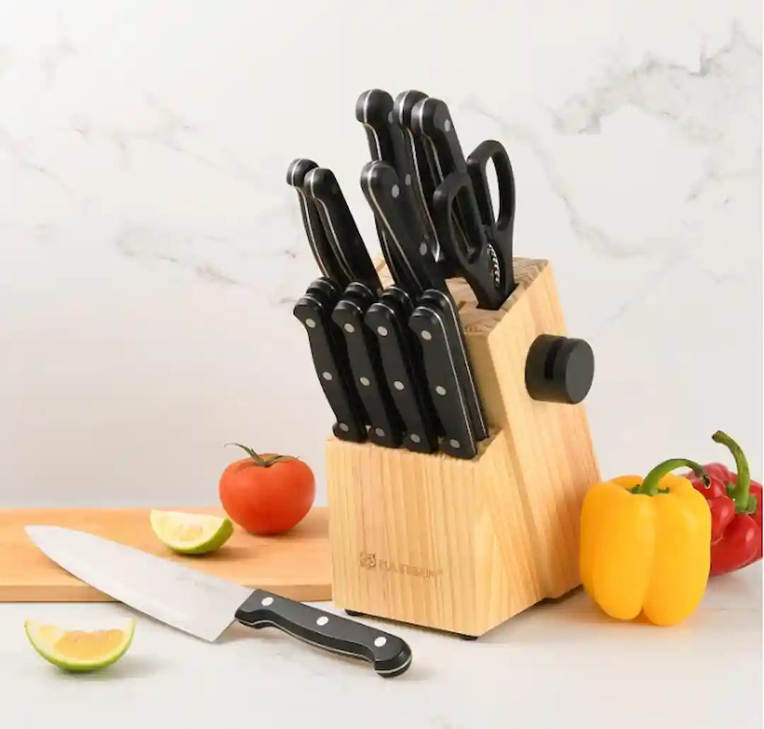 Premium kitchen knife block set with steak knives and sharpener