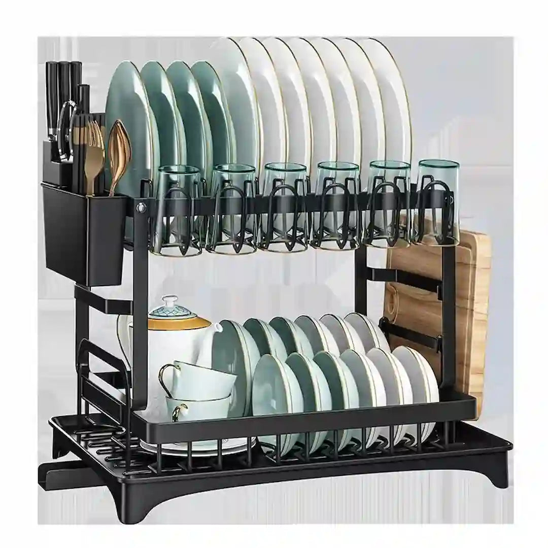 2-tier dish drying rack with fast drainage and rustproof design