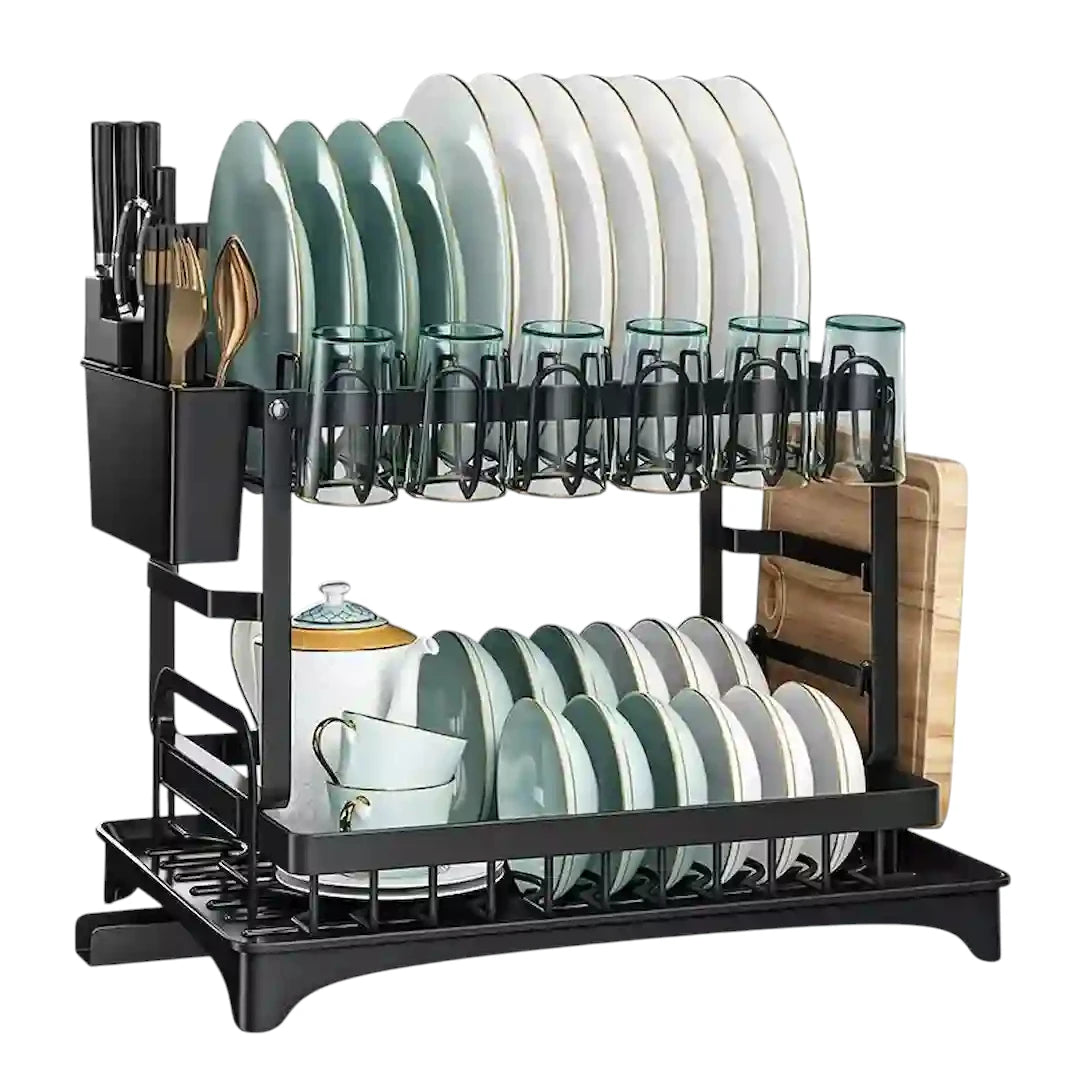 2-tier dish drying rack with fast drainage and rustproof design