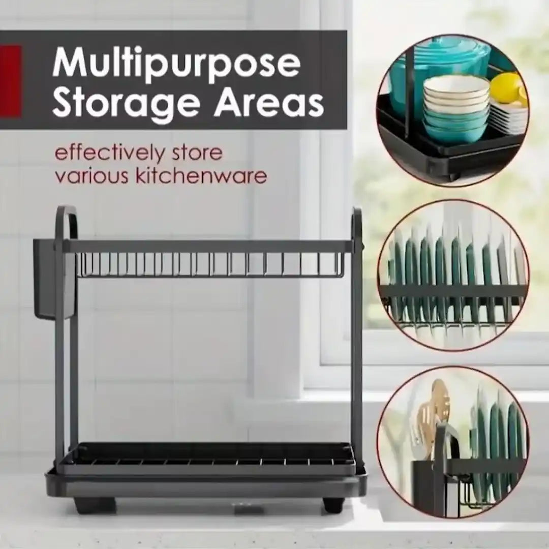 Kitchen double dish drying rack with anti-rust coating and drainboard