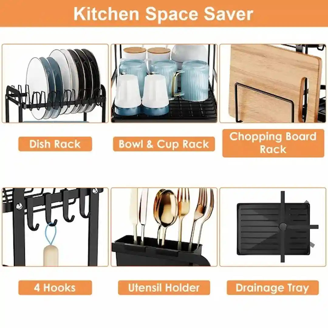 Kitchen counter dish rack with plates and bowls