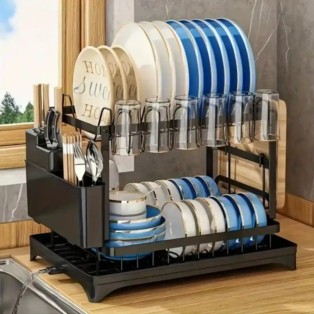 Double layer kitchen dish rack with drip tray and drainage system