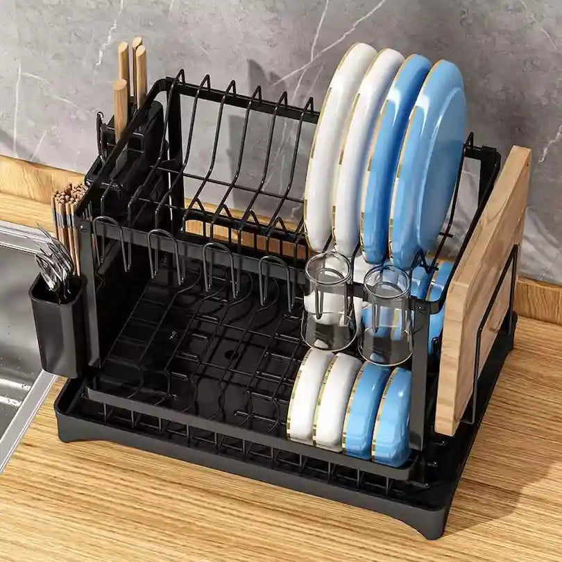 Large capacity 2-level dish drainer for plates bowls and cups