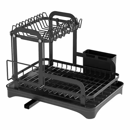 2-Tier Dish Drying Rack for Kitchen Counter – Space-Saving Rustproof Dish Rack with Drainboard | Detachable Kitchen Drainer Organizer Set (Black)