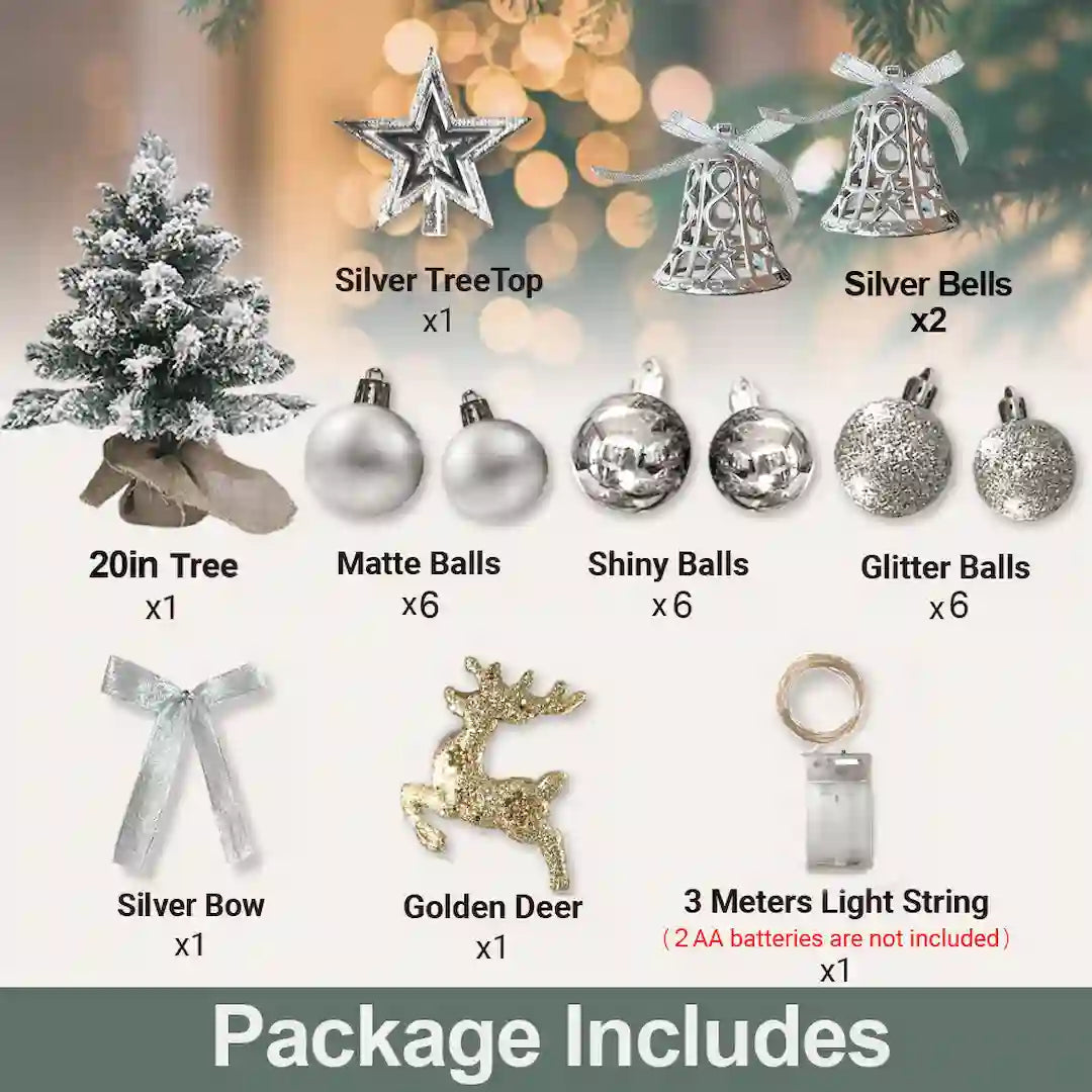 Included silver balls, star, bow, golden deer, and bells