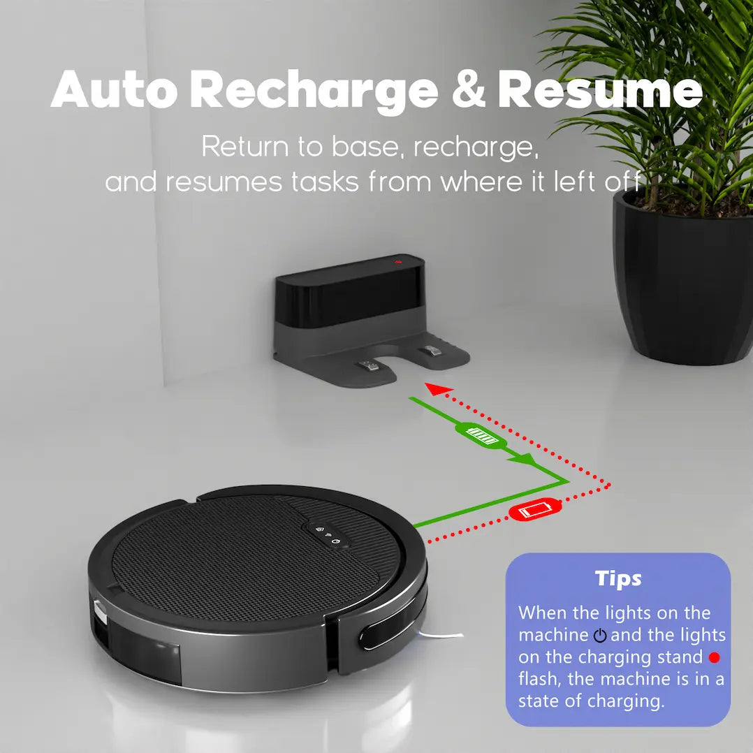 Robotic vacuum cleaner with charging stand on a white surface with a plant in the background - home cleaning .