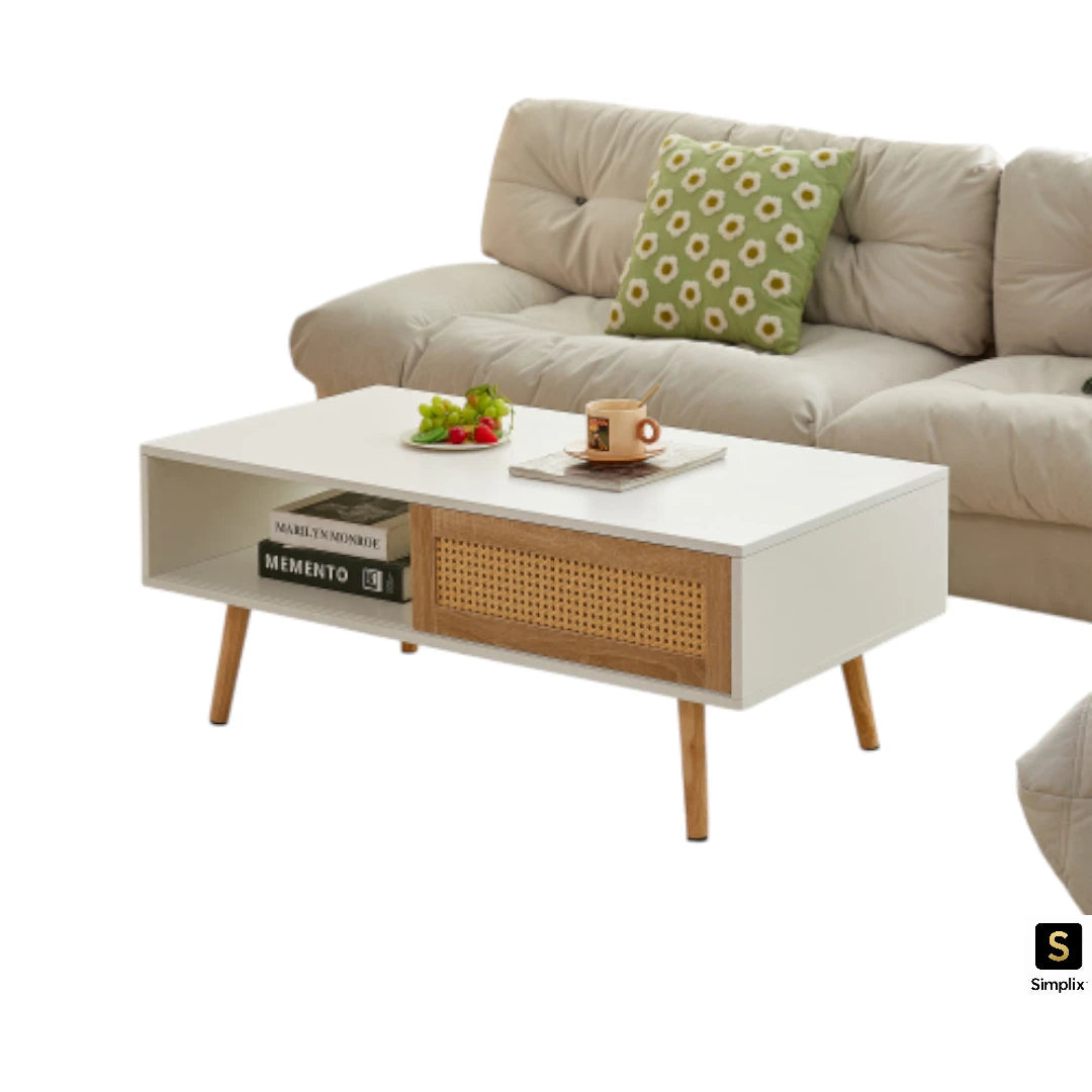 White coffee table with rattan sliding door storage