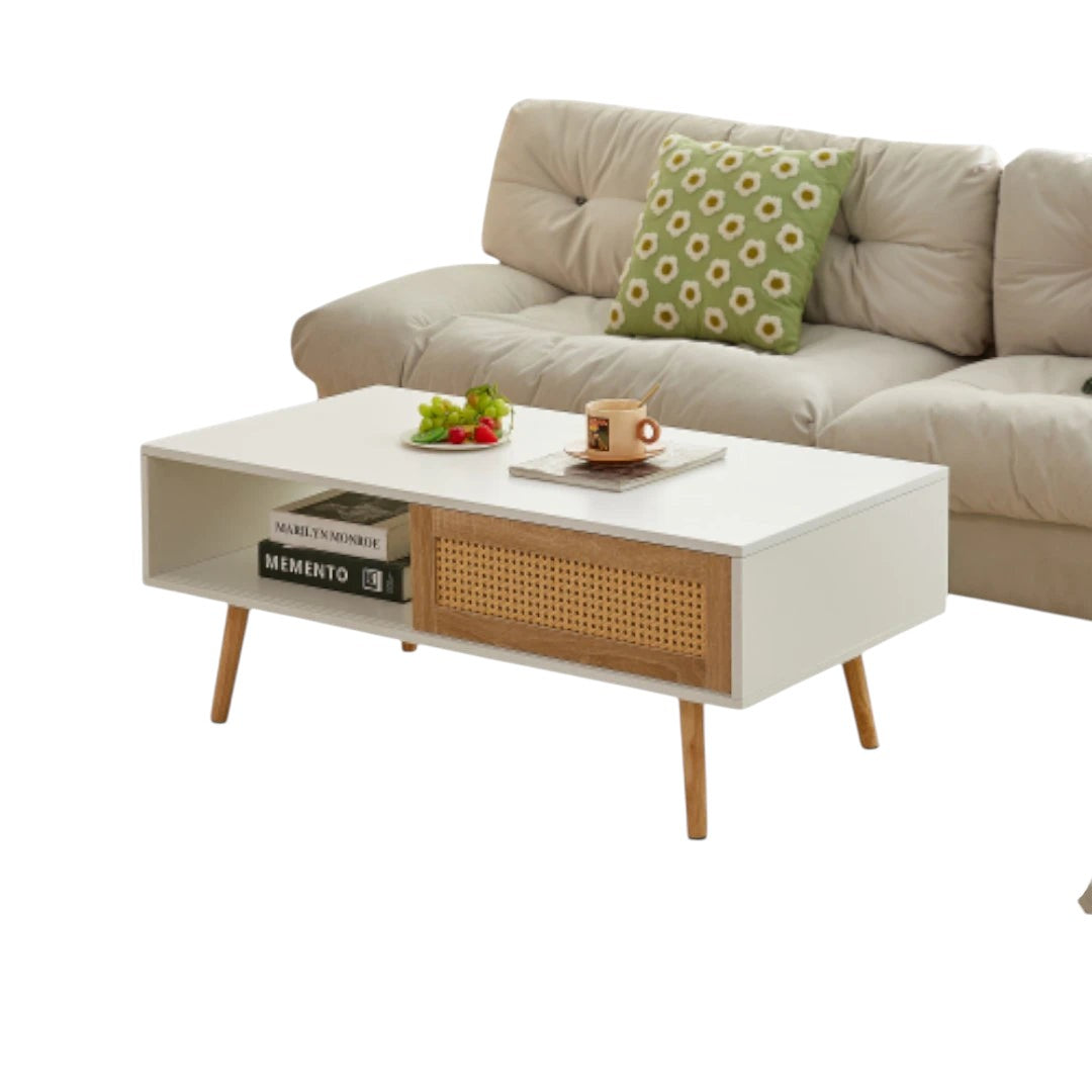 White coffee table with rattan sliding door storage