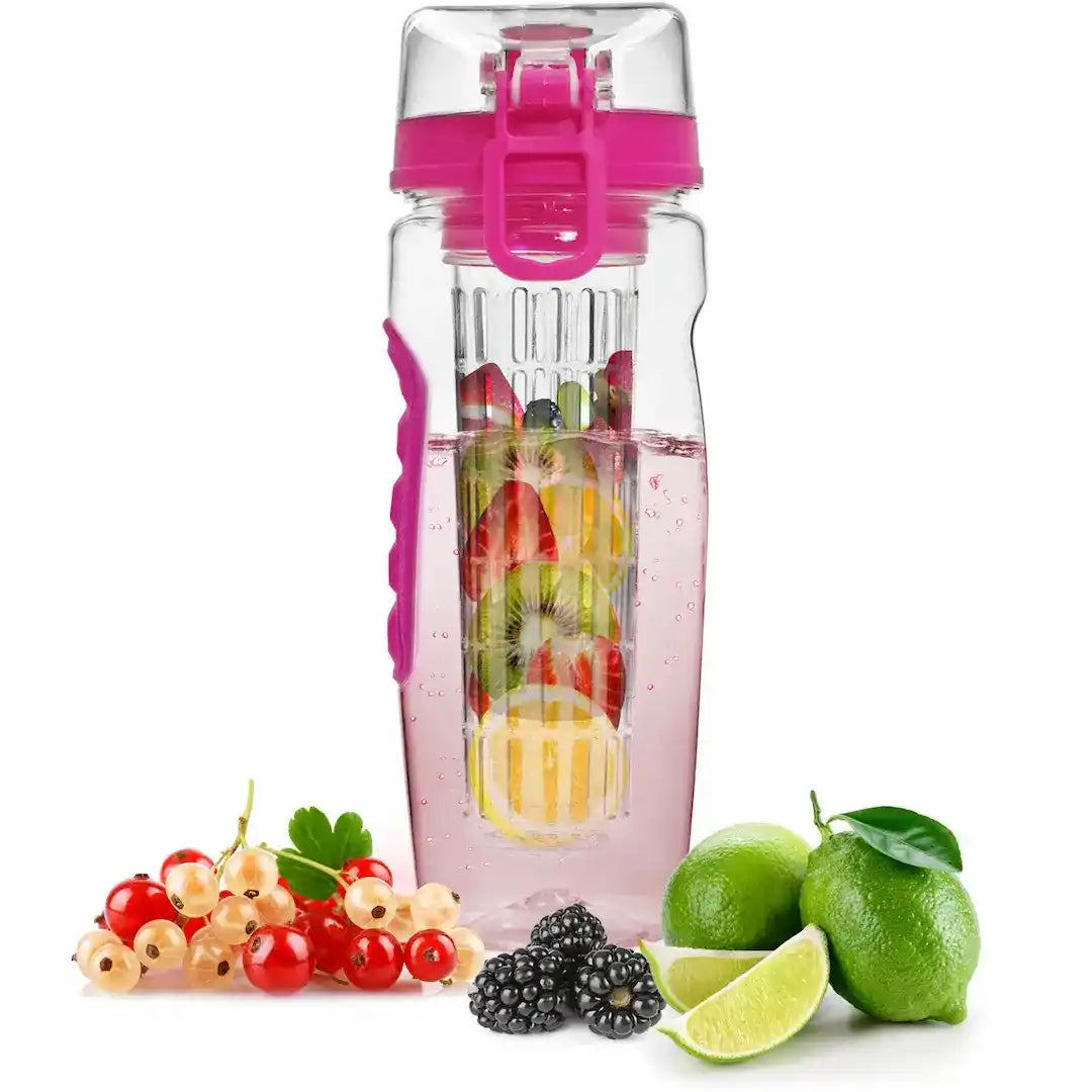 Easy-to-clean infuser bottle with removable fruit cage and O-ring seal