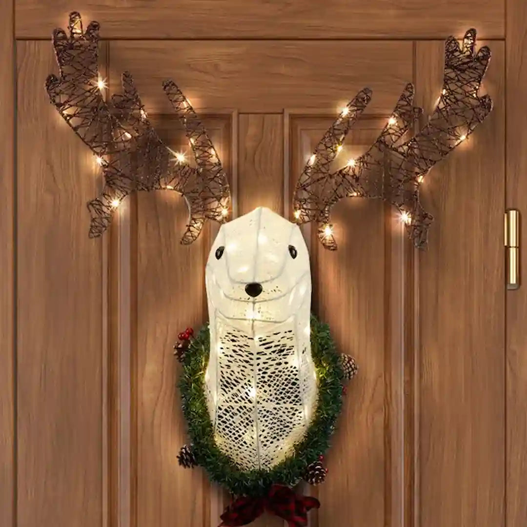 Pre-lit 3D Rudolph wreath for indoor and outdoor holiday decoration