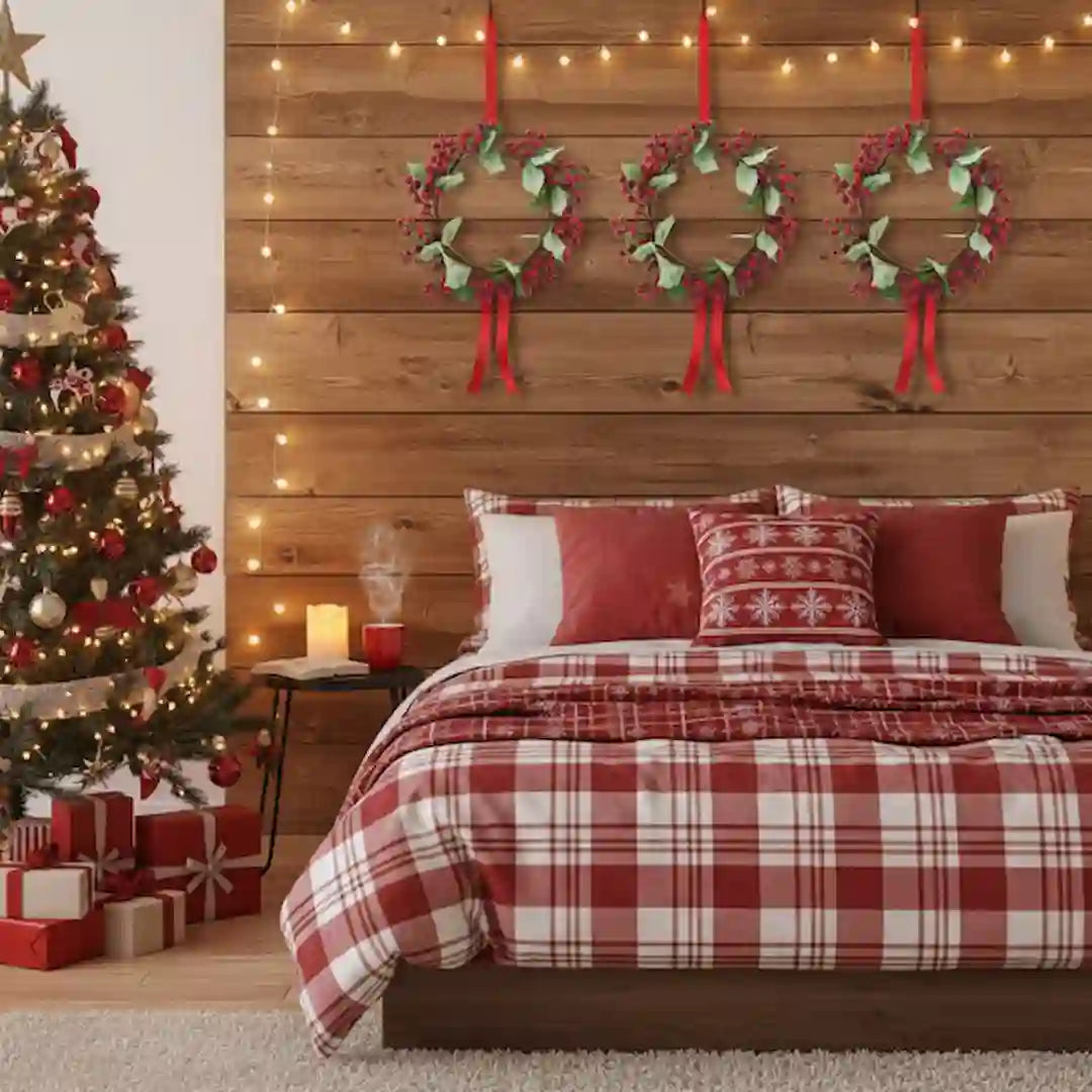 Festive red berry wreath with pine cones and green foliage