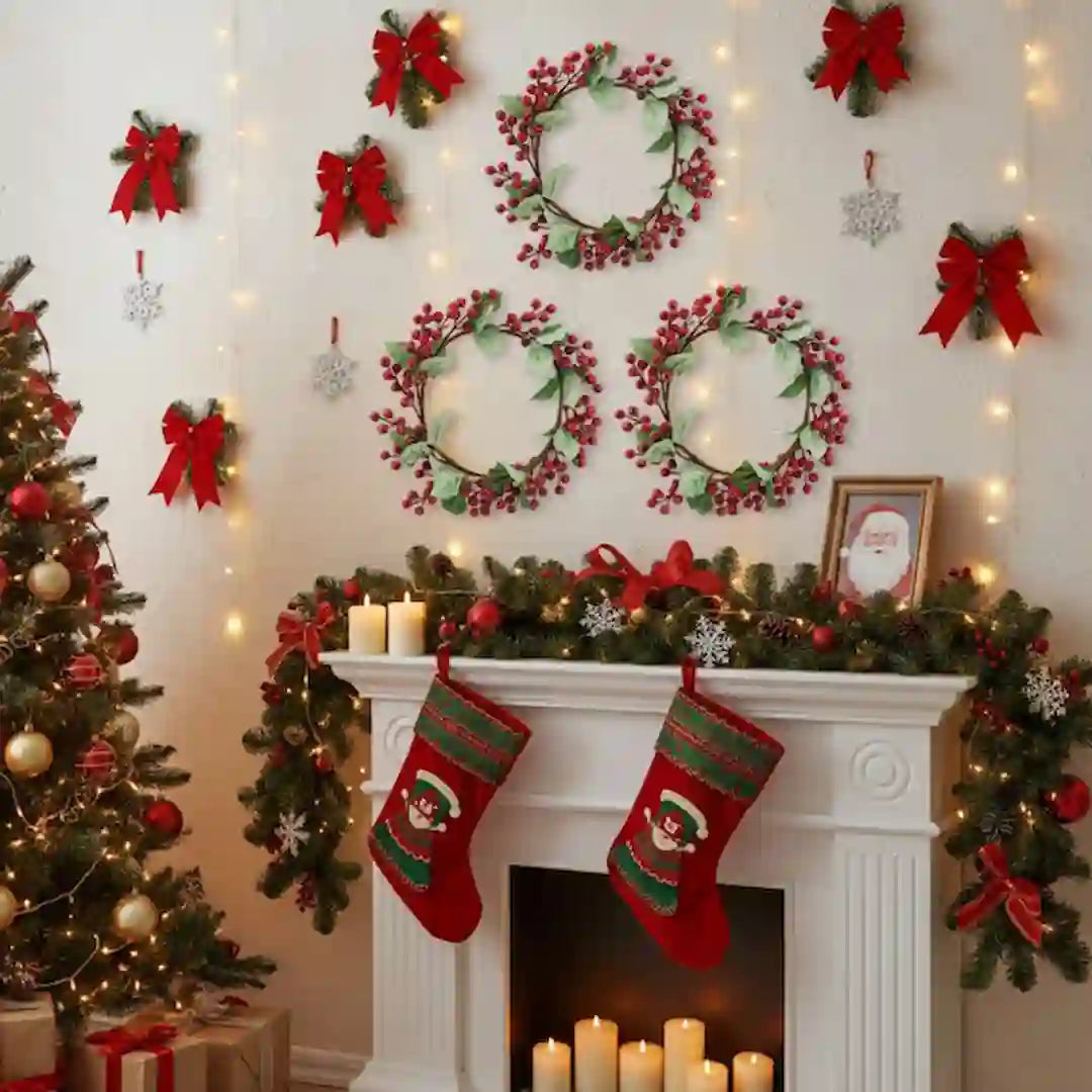 Holiday greenery wreath set with holly and berries for home décor