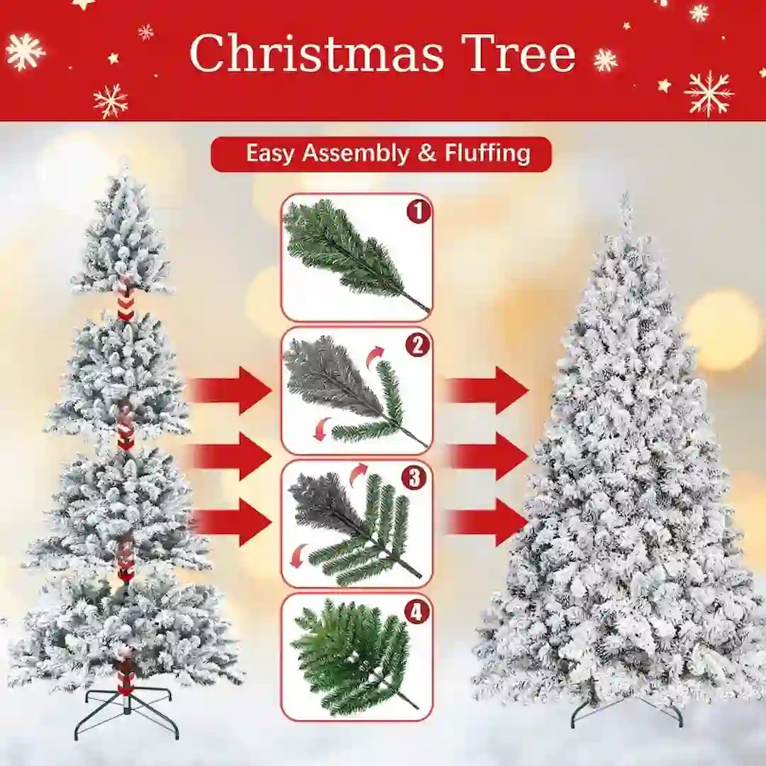 Simplix snow-flocked Christmas tree decorated in living room