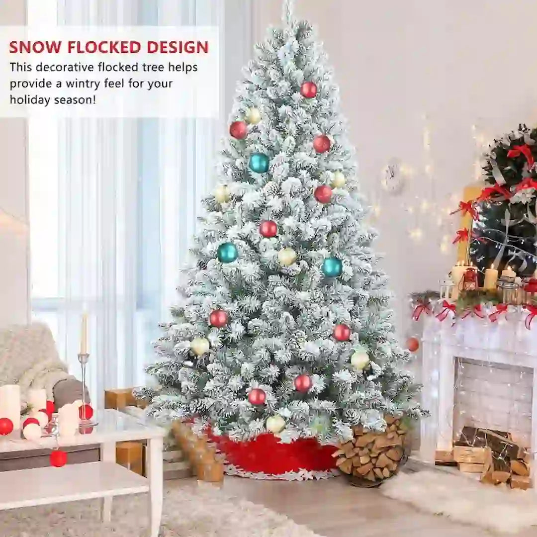 Close-up of snow flocking and pine cones on Simplix Christmas tree