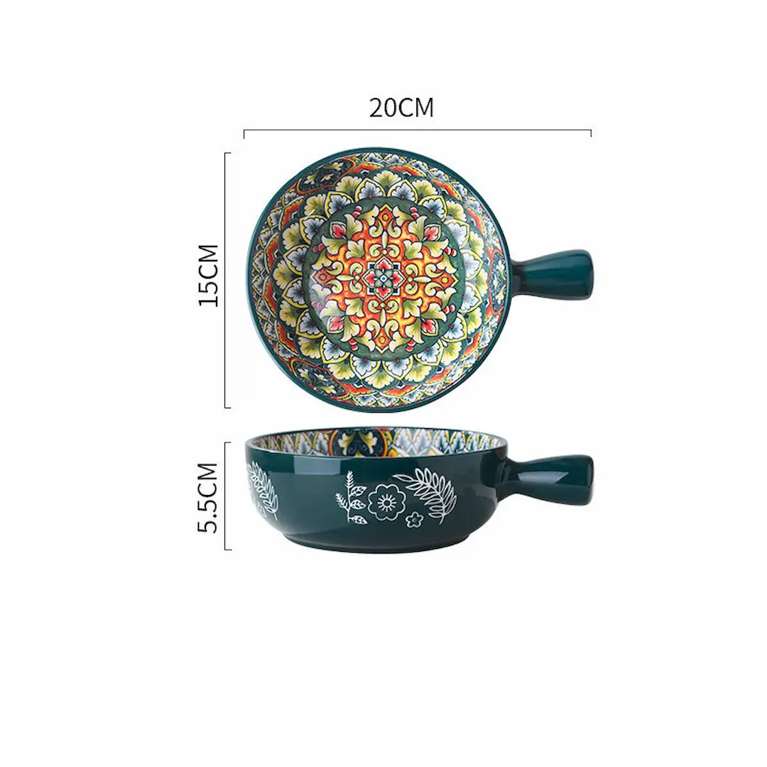 Close-up of Simplix flower-shaped handle on glazed ceramic bowl