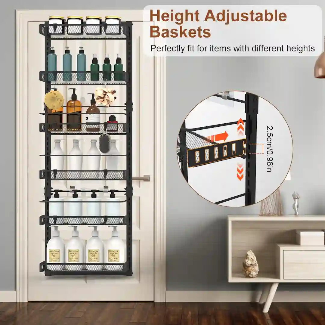 Pantry organizer hanging over kitchen door holding spices and dry goods