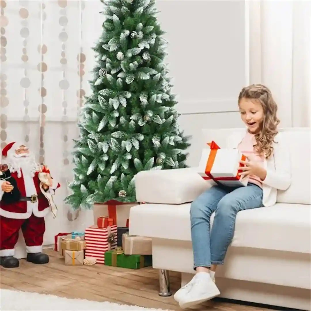 White-tipped snowy branches on Simplix pencil-style Christmas tree